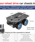 4WD Smart Chassis Car Kit With Aluminum Alloy Chassis, 520 Encoder Motors, 65mm Wheels, Robotic Moving Platform, Black, Unassembled