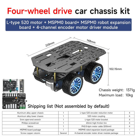 4WD Smart Chassis Car Kit With Aluminum Alloy Chassis, 520 Encoder Motors, 65mm Wheels, Robotic Moving Platform, Black, Unassembled