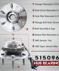 4WD Front Wheel Bearing And Hub Assembly For 2007-2014 Silverado 1500 Tahoe Suburban 1500 Avalanche Sierra 1500 Yukon XL 1500 And Cadillac Escalade Escalade ESV EXT With ABS Left Or Right 6 Lug in detailed view showing dimensions and ABS sensor.