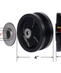Side view of V Groove Cast Iron Wheel 4 By 1.5 Inches With 600 Pound Load Capacity Built For Slide Gates And Rolling Doors On V Track Durable And Wear Resistant Handles Oils Chemicals Water And Grease Black Wheel, showing dimensions and hub length.