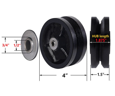 Side view of V Groove Cast Iron Wheel 4 By 1.5 Inches With 600 Pound Load Capacity Built For Slide Gates And Rolling Doors On V Track Durable And Wear Resistant Handles Oils Chemicals Water And Grease Black Wheel, showing dimensions and hub length.