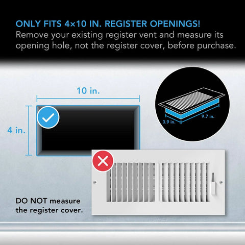 Diagram showing register opening size for Register Booster Fan For 4x10 Inch Vents That Boosts HVAC Airflow, Ultra Quiet 10-Speed Operation
