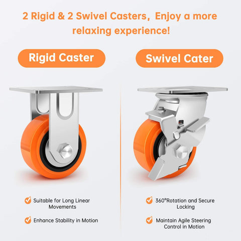 4 x 2 inch heavy duty industrial caster set of 4 with polyurethane wheels, including 2 casters with brakes and 2 rigid casters