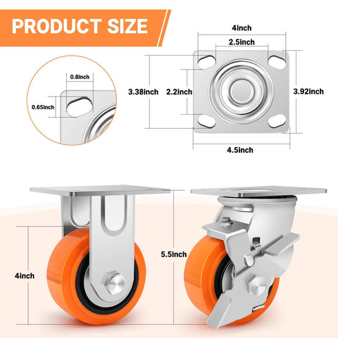 4 x 2 inch heavy duty industrial caster set of 4 with polyurethane wheels, including 2 casters with brakes and 2 rigid casters product size diagram.