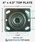 4" x 4.5" top plate for casters showing dimensions and bolt size, suitable for heavy-duty applications.