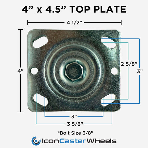 4" x 4.5" top plate for casters showing dimensions and bolt size, suitable for heavy-duty applications.