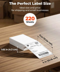 Stack of 4x6 direct thermal shipping labels 220 sheets per stack, on a table, showing dimensions and printed shipping label.