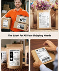 Collage featuring man holding packages with 4X6 Direct Thermal Shipping Labels For Rollo Jadens Nelko And DYMO 4XL, floral and coffee designs