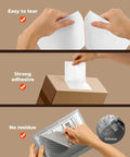 4x6 Direct Thermal Shipping Labels 220 Sheets Per Stack being used on packages, showcasing easy tear, strong adhesive, and no residue features.