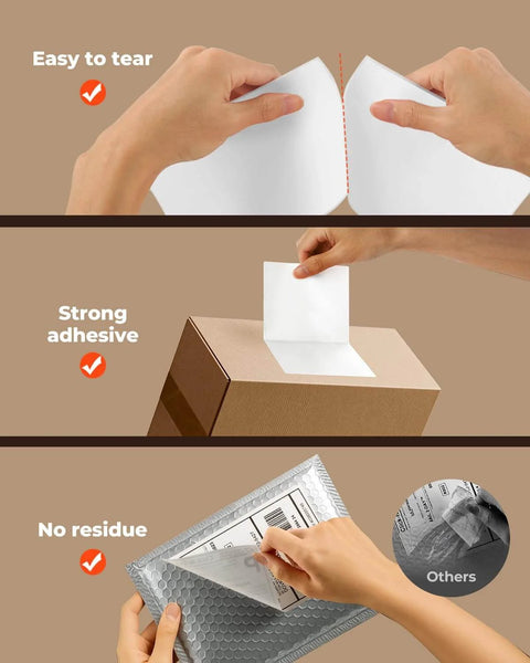 4x6 Direct Thermal Shipping Labels 220 Sheets Per Stack being used on packages, showcasing easy tear, strong adhesive, and no residue features.