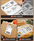 Collage showcasing 4x6 Direct Thermal Shipping Labels 220 Sheets Per Stack Commercial Grade Permanent Adhesive on packages, highlighting wear, water, and stain resistance.
