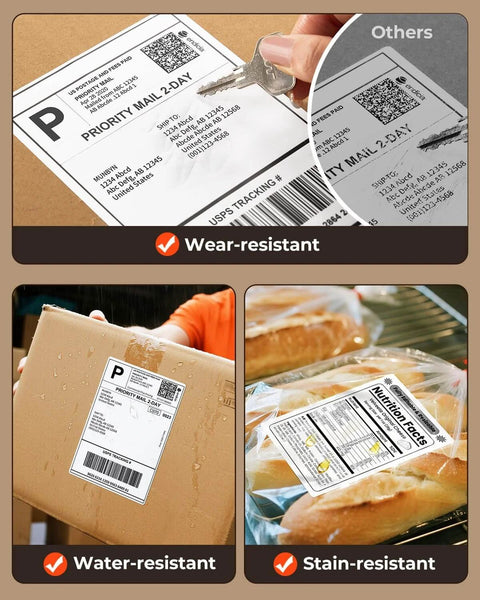 Collage showcasing 4x6 Direct Thermal Shipping Labels 220 Sheets Per Stack Commercial Grade Permanent Adhesive on packages, highlighting wear, water, and stain resistance.