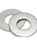 Close-up of 5 16th Inch Stainless Flat Washers Three Quarters Inch OD 304 Stainless 100 Pack showing two flat stainless washers