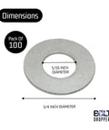 5 16th Inch Stainless Flat Washers Three Quarters Inch OD 304 Stainless 100 Pack dimensions with diameter details