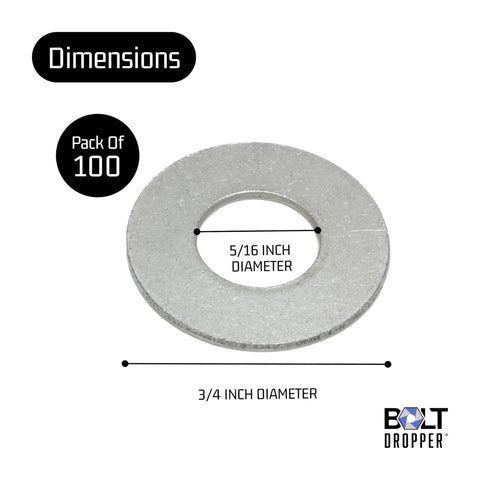 5 16th Inch Stainless Flat Washers Three Quarters Inch OD 304 Stainless 100 Pack dimensions with diameter details