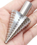 5-35MM High Speed Steel Step Drill Bit For Wood And Metal, HSS Drill Bit Set held in hand, showing size gradations.
