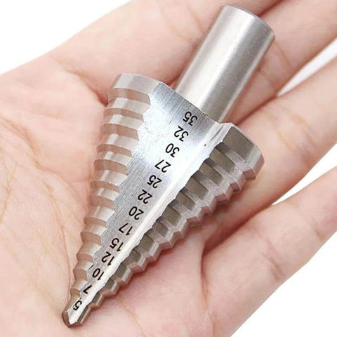 5-35MM High Speed Steel Step Drill Bit For Wood And Metal, HSS Drill Bit Set held in hand, showing size gradations.