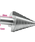Close-up of 5-35MM High Speed Steel Step Drill Bit For Wood And Metal, showing stepped design with measurements, HSS material.