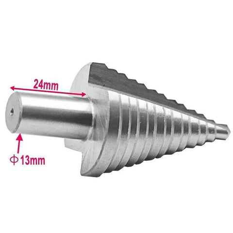 Close-up of 5-35MM High Speed Steel Step Drill Bit For Wood And Metal, showing stepped design with measurements, HSS material.