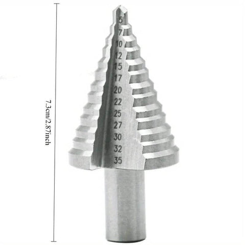 5-35MM High Speed Steel Step Drill Bit For Wood And Metal, HSS Drill Bit Set, shown from the side with size markings.