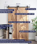5.5 Feet Bypass Sliding Barn Door Hardware Kit for Double Wooden Doors with Single Track, size fit instructions and features displayed.