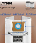 Shop Vacuum Bag Set For Five To Eight Gallon Vacuums Type E And Type H Compatible With VHBS VDBS High Efficiency Disposable Vacuum Filter Bags Five Pack With Two And A Half Inch Nozzle Attachment showing installation details and dimensions.