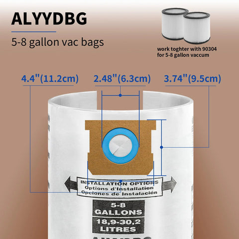 Shop Vacuum Bag Set For Five To Eight Gallon Vacuums Type E And Type H Compatible With VHBS VDBS High Efficiency Disposable Vacuum Filter Bags Five Pack With Two And A Half Inch Nozzle Attachment showing installation details and dimensions.