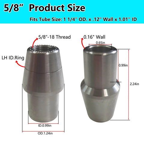 5/8 Heim Joint Rod End Kit 2 Pair with Right and Left Hand Threads, tube adapters with dimensions and specifications shown