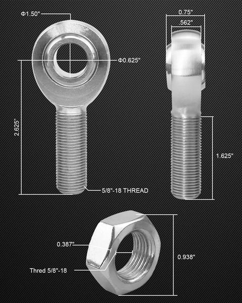 5/8 inch Heim joint rod end kit showing chromoly panhard bar joints with left and right hand thread, dimensions, and jam nut
