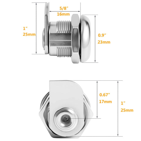 Replacement 5/8 inch toolbox lock cylinder with dimensions, showing side and front view for lift up latch truck tool boxes