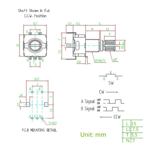 Technical diagram of 10 Pack 20mm 5 Pin 360 Degree Rotary Encoder Code Switch Digital Potentiometer With Orange Knob.
