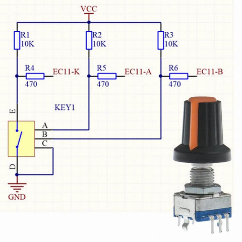 10 Pack 20mm 5 Pin 360 Degree Rotary Encoder Code Switch Digital Potentiometer With Push Button And Orange Knob Cap DIY Kit diagram