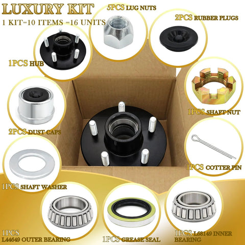 All-in-One 5 Bolt Trailer Hub Kit For 3500 Lb Axles With 4.5 Inch Hubs And 84 Spindle Includes Bearings Extra Dust Caps