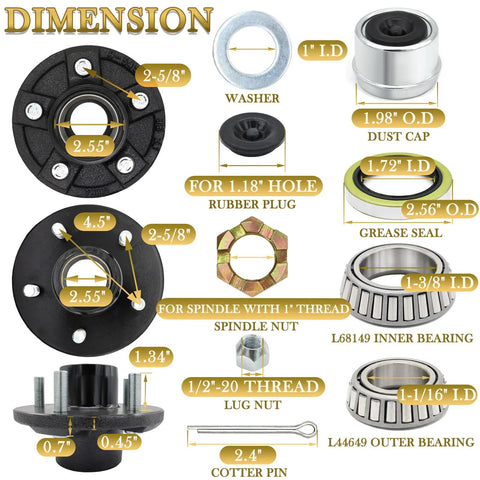 Dimensions of All-in-One 5 Bolt Trailer Hub Kit For 3500 Lb Axles With 4.5 Inch Hubs And 84 Spindle Includes Bearings