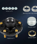 Trailer Idler Hub Kit 5 Bolt 4.5 Inch Bolt Circle For One Inch To One And One Sixteenth Inch Spindles 5 Lug Boat Trailer Hubs With L44649 Bearing Kit Works With Dexter Al Ko Lippert Quality And Rockwell Axles, includes wheel nuts, bearing rings, grease cap, and seal, shown disassembled