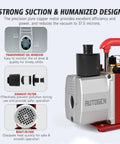 Beast 5 CFM Vacuum Pump With Half HP all-copper motor, transparent oil window, exhaust filter, and built-in fan close-up view.
