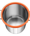 Top view of stainless steel 5-gallon vacuum chamber with orange seal, part of All In One 5 Gallon Vacuum Chamber Kit For Wood Stabilization And Resin Degassing With A 3.5 CFM Single Stage Vacuum Pump 40 Micron Vacuum And Tempered Glass Lid Pure Copper Motor Check Valve Diy Friendly Setup For Woodworking Hobbyists By VEVOR.
