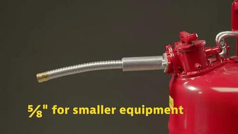 Close-up of 5 Gallon Diesel Safety Can With Flame Arrester Self Closing Lid Flexible Five Eighth Inch Metal Spout Type II Flammable Storage