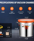 VTG VOGTEN 3-Gallon stainless steel vacuum chamber with orange lid and pump, front view.