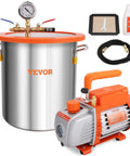 All In One 5 Gallon Vacuum Chamber Kit For Wood Stabilization And Resin Degassing With A 3.5 CFM Single Stage Vacuum Pump 40 Micron Vacuum And Tempered Glass Lid Pure Copper Motor Check Valve Diy Friendly Setup For Woodworking Hobbyists By VEVOR product image showing chamber and pump