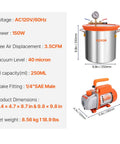 All In One 5 Gallon Vacuum Chamber Kit For Wood Stabilization And Resin Degassing With A 3.5 CFM Single Stage Vacuum Pump 40 Micron Vacuum And Tempered Glass Lid Pure Copper Motor Check Valve Diy Friendly Setup For Woodworking Hobbyists By VEVOR dimensions and specifications