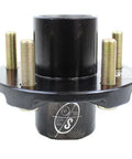 Front view of 5 Hole Idler Hub 4.5 Inch Bolt Circle For 2000 Lb Axles Beefed Up BT8 Spindle 1 Inch Bore Uses L44643 Bearings TruRyde