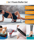 Collage featuring 5 In 1 Deep Tissue Massage Set with foam roller, trigger point roller stick, massage ball, resistance band, and yoga stretch band for full body recovery, Pilates, and fitness training in use by athletes, black and red.