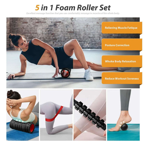 Collage featuring 5 In 1 Deep Tissue Massage Set with foam roller, trigger point roller stick, massage ball, resistance band, and yoga stretch band for full body recovery, Pilates, and fitness training in use by athletes, black and red.
