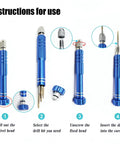 Instructions for 5-In-1 Mini Precision Screwdriver Set With Magnetic S2 Steel Bits showing assembly and bit selection steps.