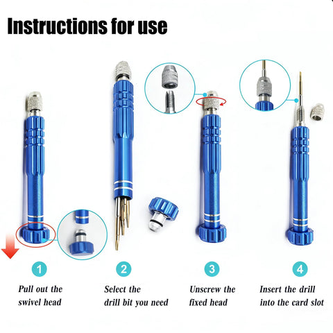 Instructions for 5-In-1 Mini Precision Screwdriver Set With Magnetic S2 Steel Bits showing assembly and bit selection steps.