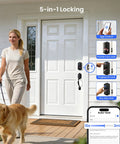Front door with 5-in-1 locking smart lock, featuring app control, fingerprint lock, and thumb turn lock, woman walking dog nearby