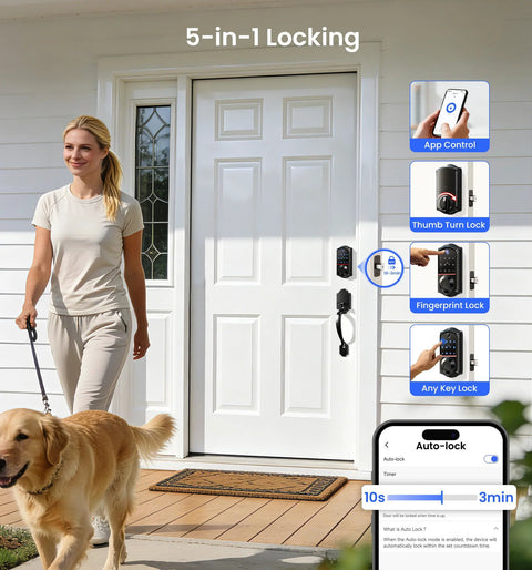 Front door with 5-in-1 locking smart lock, featuring app control, fingerprint lock, and thumb turn lock, woman walking dog nearby