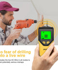 Discover safe, precise mounting with this 5 in 1 Stud Finder Wall Scanner featuring HD LCD held in hand with person drilling
