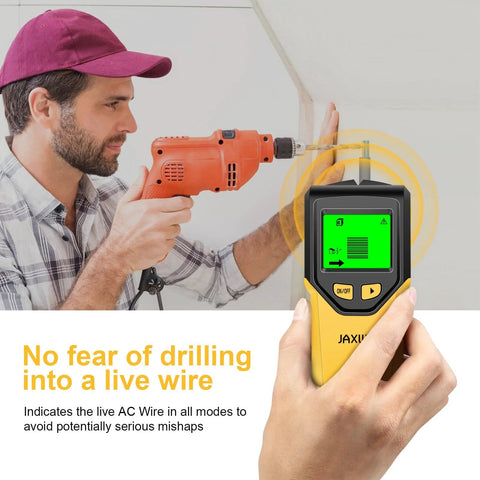 Discover safe, precise mounting with this 5 in 1 Stud Finder Wall Scanner featuring HD LCD held in hand with person drilling